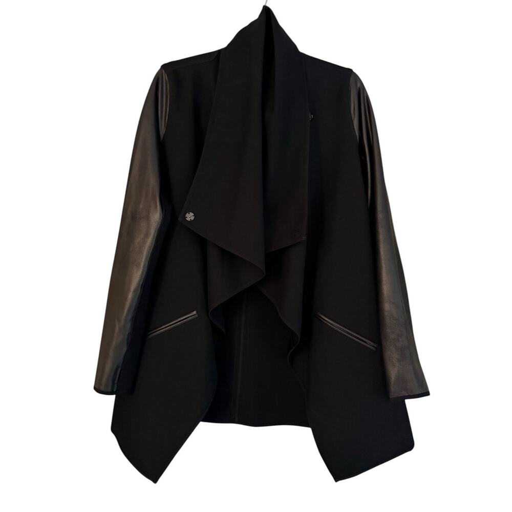 Spanx Drape Front Convertible Jacket Faux Leather Knit Blazer Black L - Picture 2 of 10